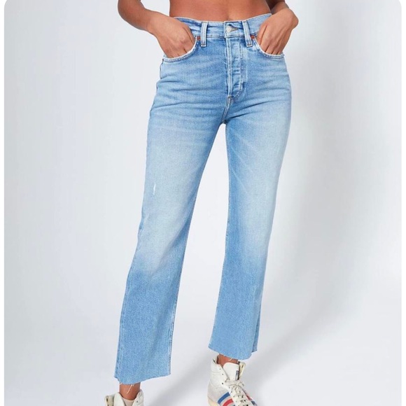 Re/Done Comfort Stretch High Rise Stove Pipe in Light Stone - Picture 1 of 2